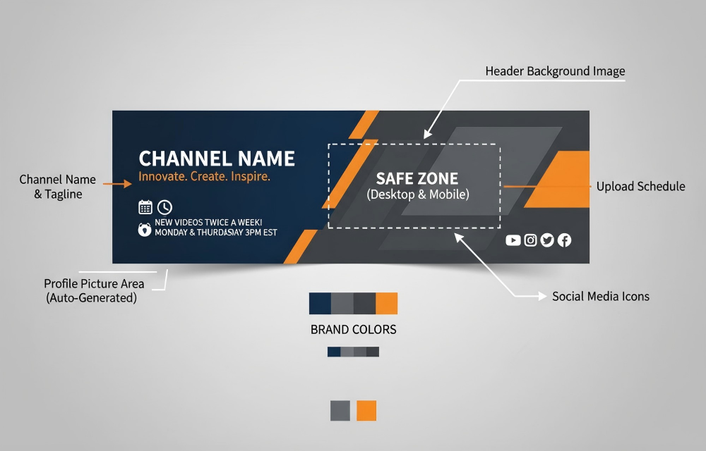 YouTube banner with labeled key elements and best practices